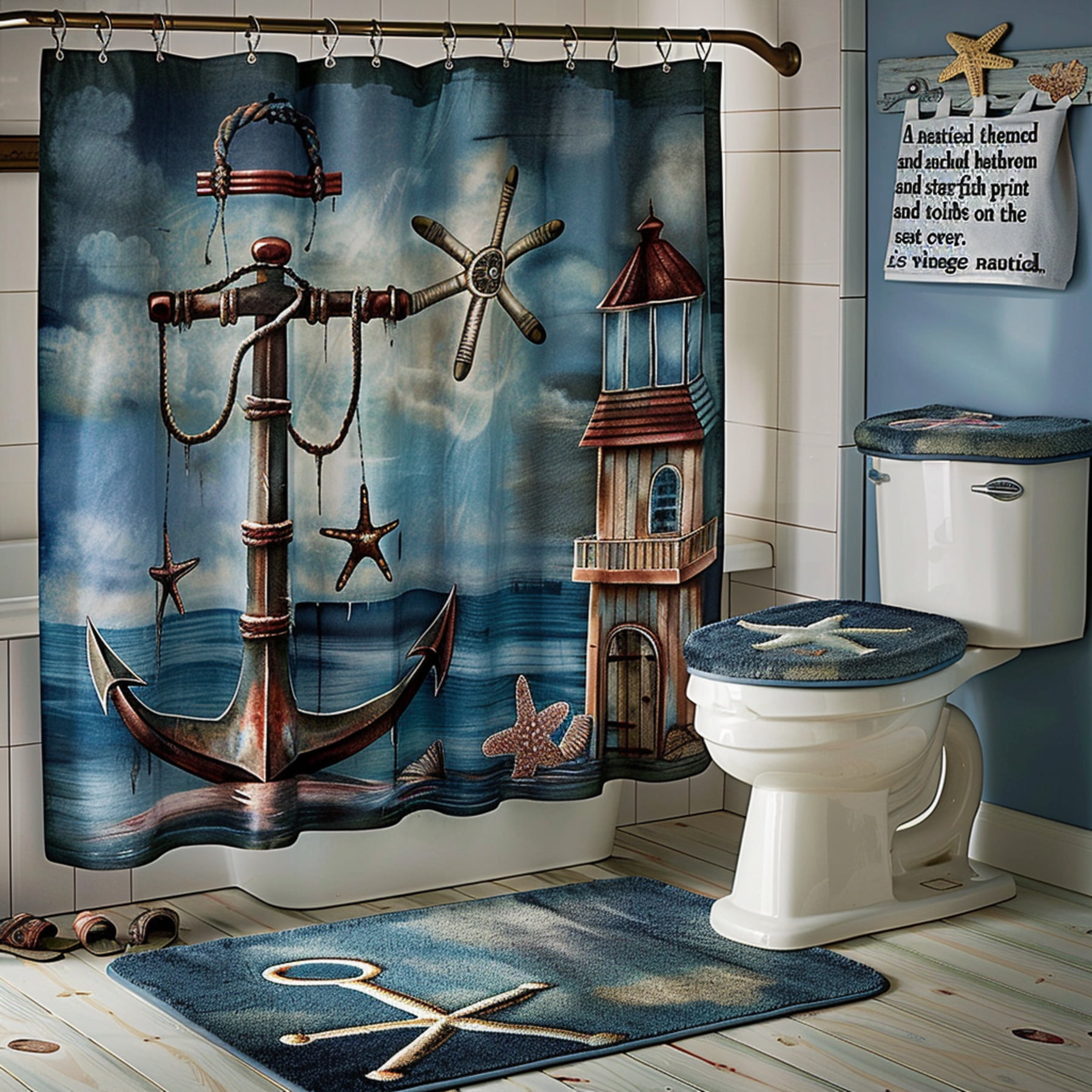 Vintage Shower Curtain with Anchor Lighthouse and Starfish Print
