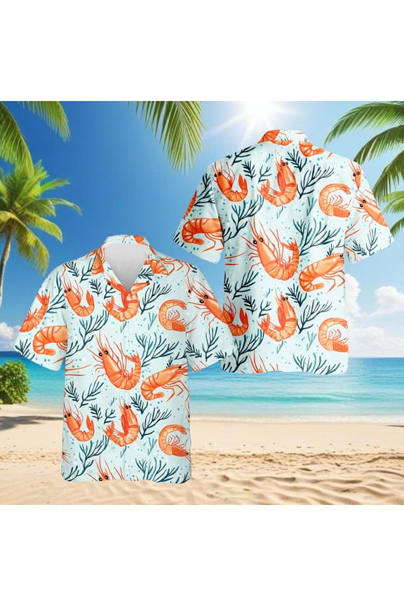 Vintage Shrimp Hawaiian Shirt for Men, Button Down Summer Beach Short Sleeve, Retro Style, Sizes S-5XL
