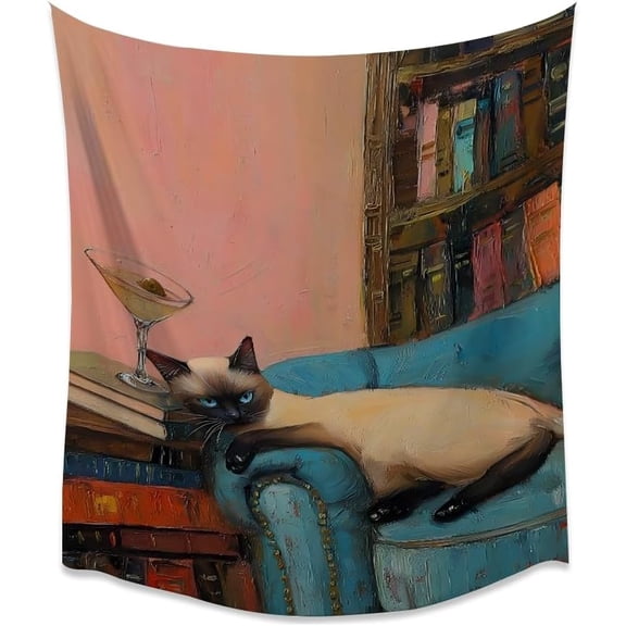 Vintage Siamese Cat Martini Print Wall Tapestry 3040 Inch White Single Piece