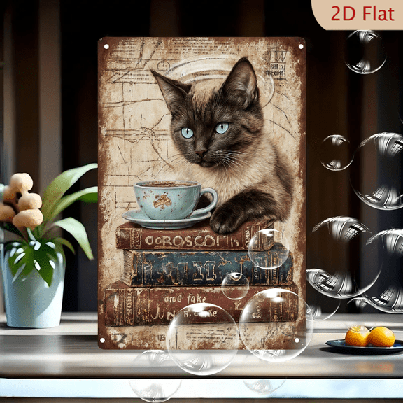 Vintage Siamese Cat on Antique Books with Teacup, Sepia Map & Alchemy Background, 8x12 Inches Metal Wall Art Print for Home Office Decor