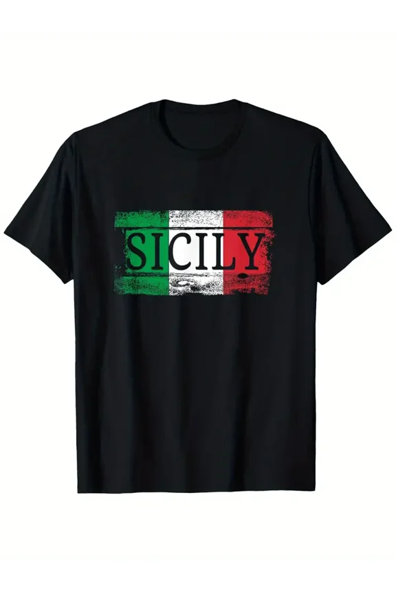 Vintage Sicily Italian Flag T-Shirt for Men - 100% Cotton, Casual & Comfortable Round Neck Short Sleeve Tee, Black with Italian Flag Design, S-XXXL, Perfect for Summer & Casual