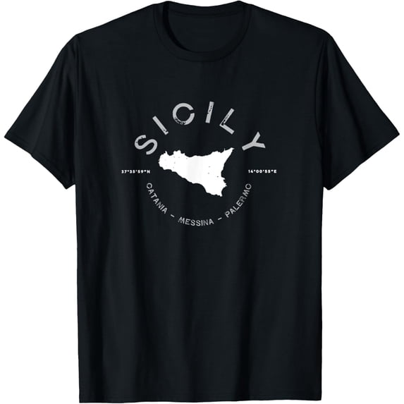 Vintage Sicily Italy Map Graphic Tee Retro Italian Heritage Souvenir T-Shirt with Coordinates Catania Messina Palermo Short Sleeve Fashion Apparel for Men Women