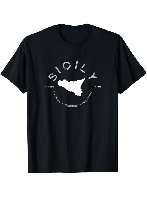 Vintage Sicily Italy Map Graphic Tee Retro Italian Heritage Souvenir T-Shirt with Coordinates Catania Messina Palermo Short Sleeve Fashion Apparel for Men Women