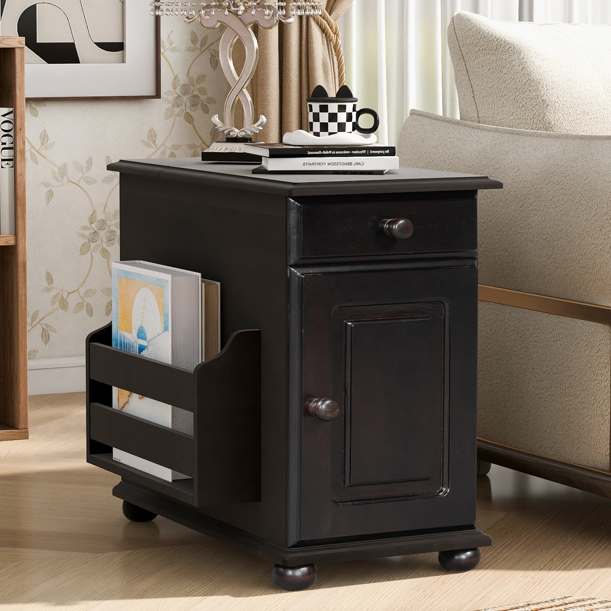 Vintage Side Table,End Table Flip Top with USB Ports,1 Drawer,1