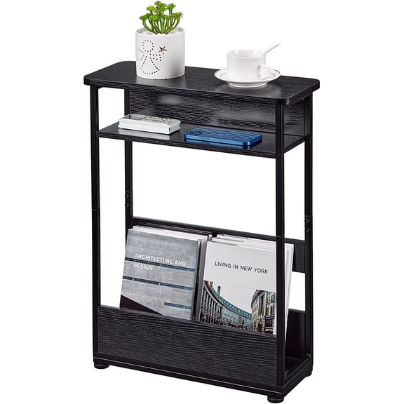 Vintage Side Table with Storage Shelf, 3 Tier Slim End Table Modern Sofa Table for Narrow Spaces, 24.6 Inch Height Bedside Table Small Nightstand with Magazine Rack Space Saving/Black
