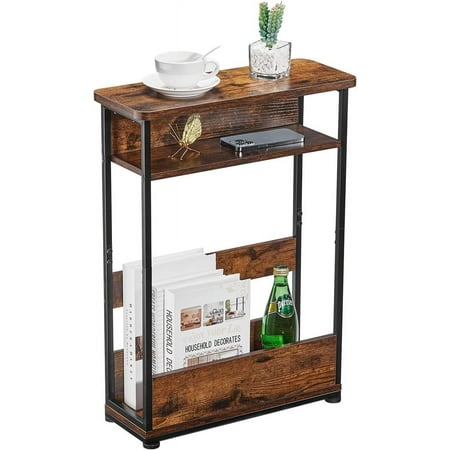 Vintage Side Table with Storage Shelf,3 Tier Slim End Table Modern Sofa Table for Narrow Spaces,24.6 Inch Height Bedside Table Small Nightstand with Magazine Rack Space Saving/ Rustic Brown