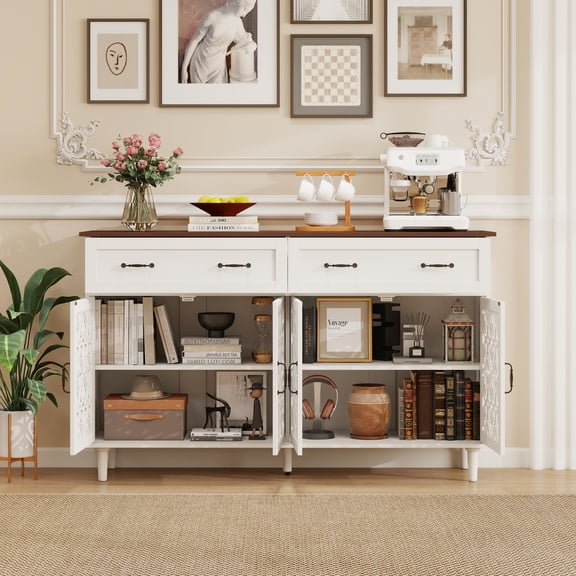 Vintage Sideboard Buffet Cabinet with Hand-Carved Geometric Doors, Distressed Light Wood Finish, 2 Drawers 4 Doors Storage for Dining Room, Large Living Room Storage Cabinet with Adjustable Feet