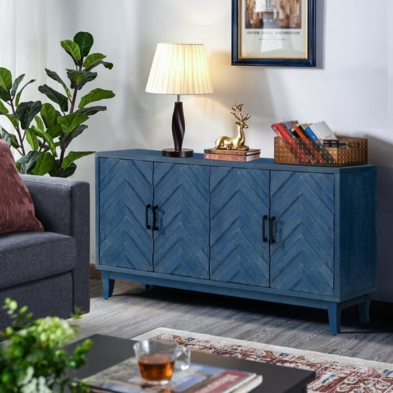 Vintage Sideboard Buffet Cabinet,Lacquered Accent Storage Cabinet with 4 Doors and Adjustable Shelves,Wooden Console Table for Living Room Dining Room Bedroom,Antique Navy Blue