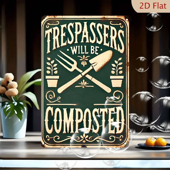 [ Vintage Sign] 8*12 Inch Rustic Green Vintage-Style iron _Trespassers Will Be Composted_ Warning Sign _ Distressed Finish with Shovel & Fork Illustration, Perfect for Garden, Porch, Garage