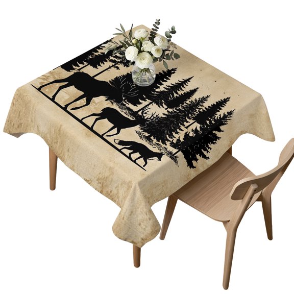 Vintage Silhouettes Moose Table Cloth, Waterproof Tablecloth for Square Tables, Forest Retro Art Washable Fabric Table Cover for Restaurant Kitchen Dining Tables 54"x54"