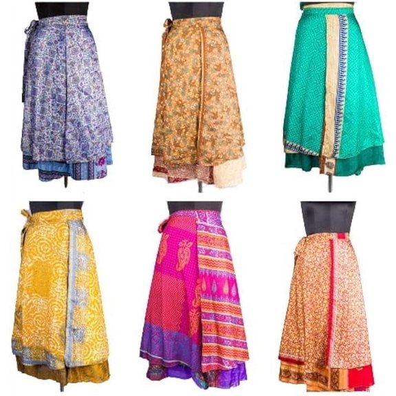 Vintage Silk Sari Recycled Magic Wrap Around Skirt Reversible Women Dress