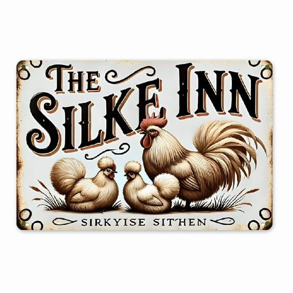 Vintage Silkie Inn Metal Sign - 8x12 Inch Farmhouse Wall Decor, Antique Chicken Art Plaque with Rooster & Chicks Design, Rustic Foil Engraving for Home & Farmhouse, Rustic Farmhouse Decor