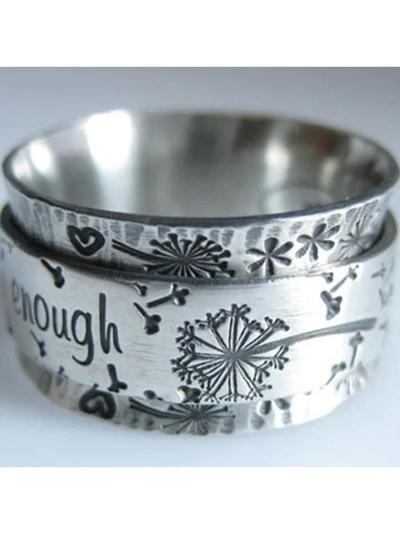 New Vintage Silver Color Double Layered Dandelion Carving Wide Ring Lettering Inspiration Rings
