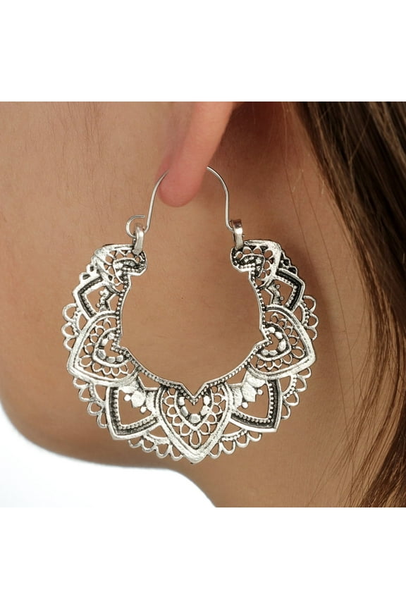 Vintage Silver Filigree Hoop Earrings Bohemian for Women Intricate & Delicate Cutout Design Details Tribal Floral Gypsy Lightweight Metallic Statement Earrings, Clearance
