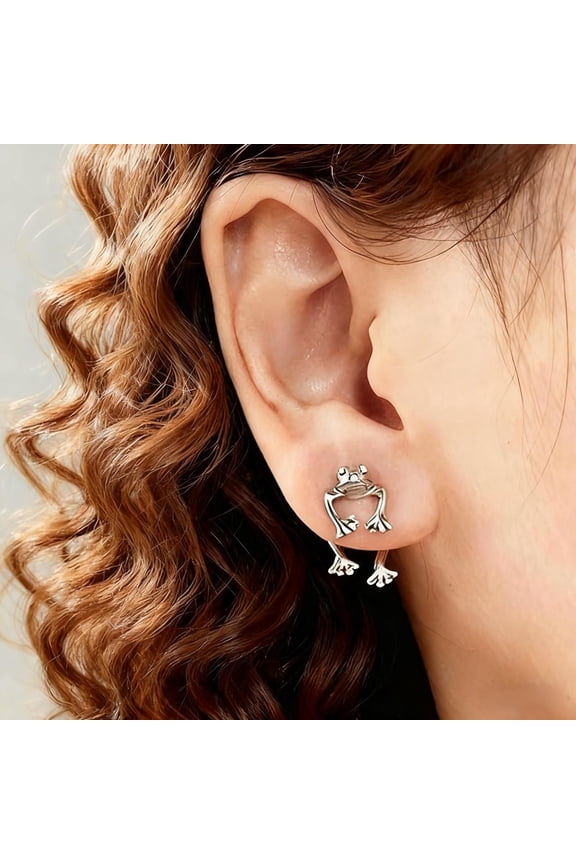Vintage Silver Frog Stud Earrings Unique Retro Animal Jewelry 1 Pair