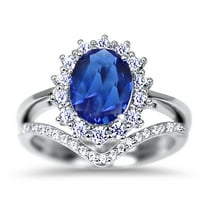 Vintage Silver Halo Sapphire Blue CZ Wedding Engagement Ring Set for Women Size 6