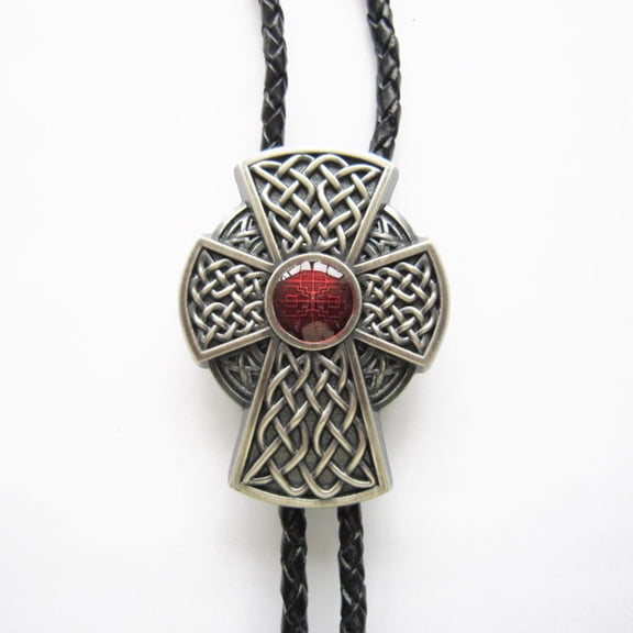 Vintage Silver Plated Celtic Red Enamel Cross Knot Wedding Bolo Tie