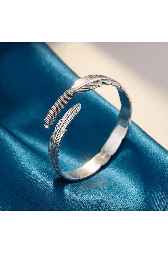 Vintage Silver Plated Feather Bracelet Adjustable Feather Open Cuff Bangle Unisex Jewelry