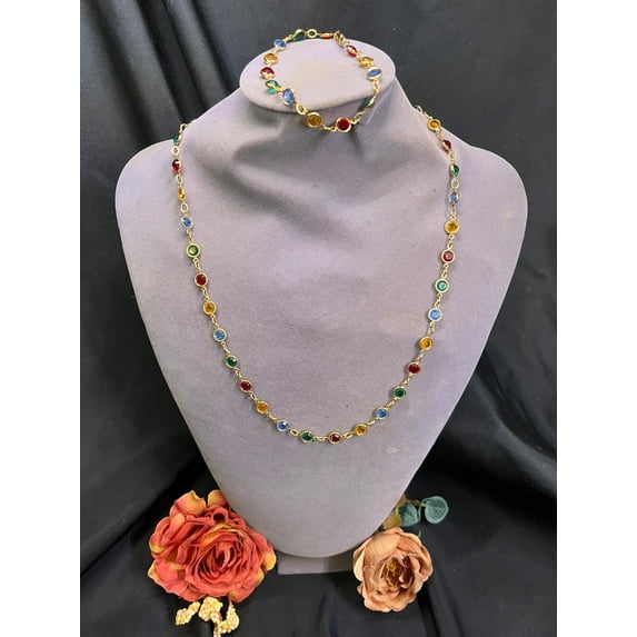 Vintage Silver Rainbow Colored Crystal Tennis Necklace & Bracelet Set tennis necklace , velentine gift