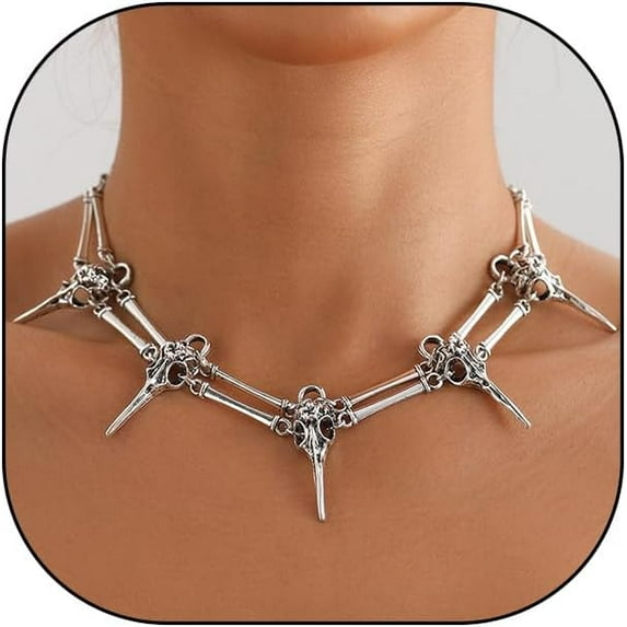 Vintage Silver Skull Bird Head Choker Necklace, Gothic Retro Evil Skull Pagan Wizard Magic Mystery Necklace, Unique Thorn Rivet Halloween Jewelry Gift