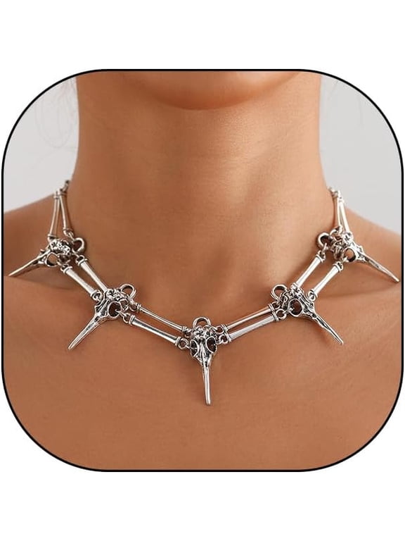 Vintage Silver Skull Bird Head Choker Necklace, Gothic Retro Evil Skull Pagan Wizard Magic Mystery Necklace, Unique Thorn Rivet Halloween Jewelry Gift