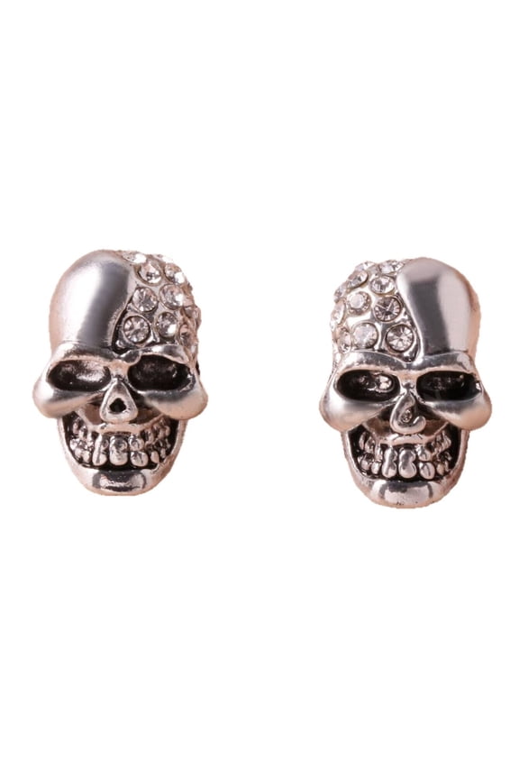 1pair Vintage Silver Skull Full Paved Crystal Stud Earrings Unisex Halloween Jewelry