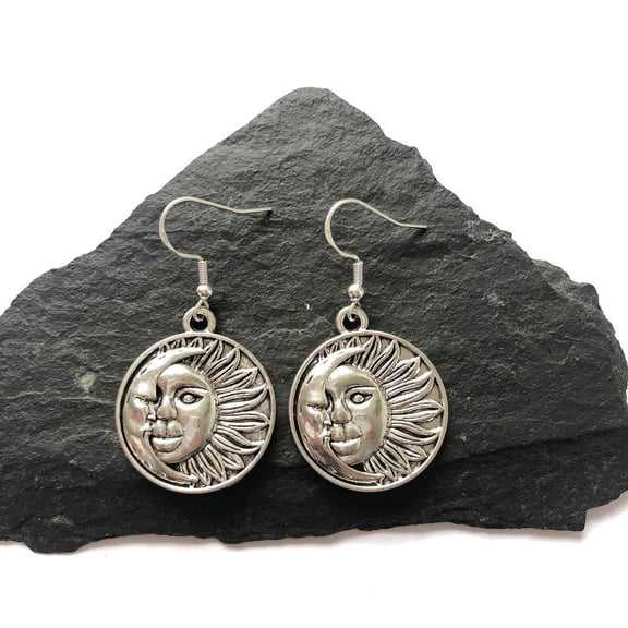 Vintage Silver Sun Moon Earrings Mystical Earrings Sunshine Statement Earrings Dangle Earrings