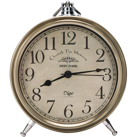 Vintage Silver Table Clock - Super Silent Non-Ticking Analog, Battery Operated for Bedside & Desk Decor (Arabic)