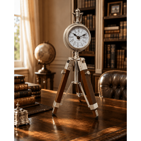 Vintage Silver Tripod Clock, Folding Wooden Leg Desk Clock, Nautical Table Decor for Office, Study, Library & Home