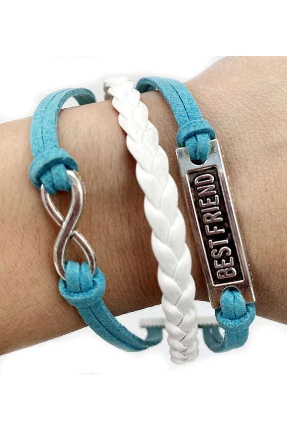 Vintage Silvertone Bestfriend Infinity Charms Light Blue Braided Leather Rope Bracelet