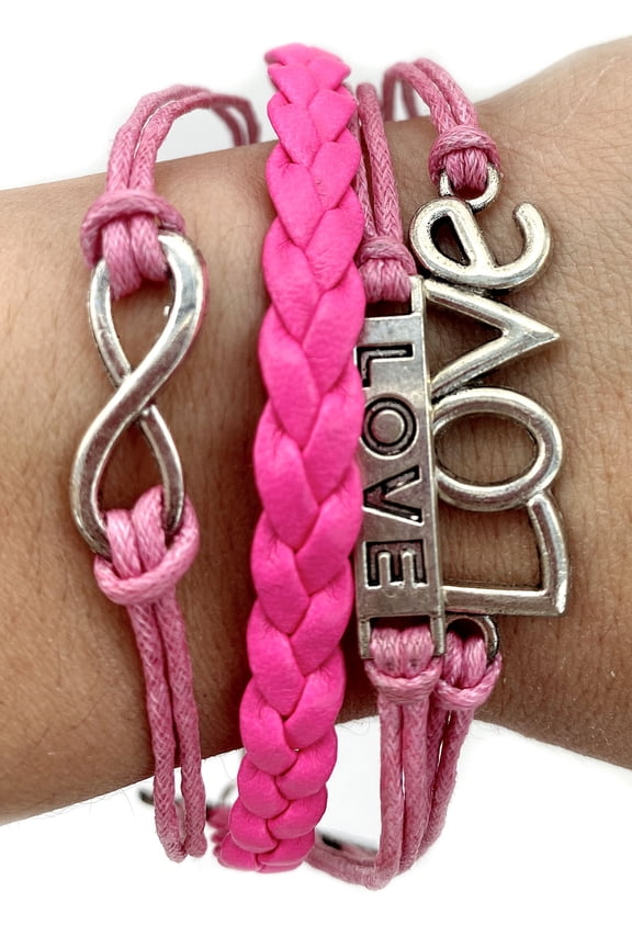Vintage Silvertone Love Bar Love Infinity Charms Hot Pink Braided Leather Rope Bracelet