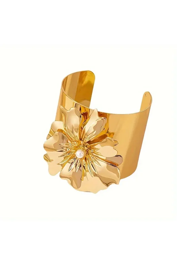 Vintage Simple Large Flower Open Cuff Bangle Bracelet Adjustable Alloy Hand Bangle Jewelry