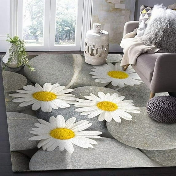 Vintage Simple White Daisy Flower Stone Area Rug, Indoor Non-Slip Kids Rugs, Machine Washable Breathable Durable Carpet For Front Entrance Floor Decor 5' x 6'