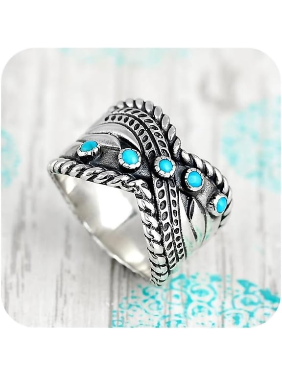 Vintage Simulated Turquoise Crossed Wide Comfort Fit Ring for Women 925 Silver Plated Bohemian Statement Stacking Western Chunky Boho Statement Birthday Band Jewelry Gift for Her (Size 9)