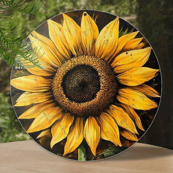 Vintage Single Sunflower Round Aluminum Sign - Retro Oil Painting Rustic Farmhouse Distressed Wall Decor, 1pc, 8" Wall Art Metal Sign, For Porch, Gardene, Room, Home, Bedroom, Ideal Gifts, 2D Flat