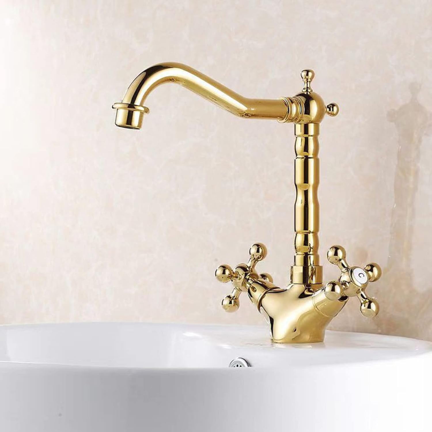 Vintage Sink Faucet Bathroom,360 Degree Swivel Spout Bathroom Sink Faucet, Cold Hot Mixer Vintage Vanity Tap, Double Cross Handle Mixer Bathroom Sink Tap, Gold