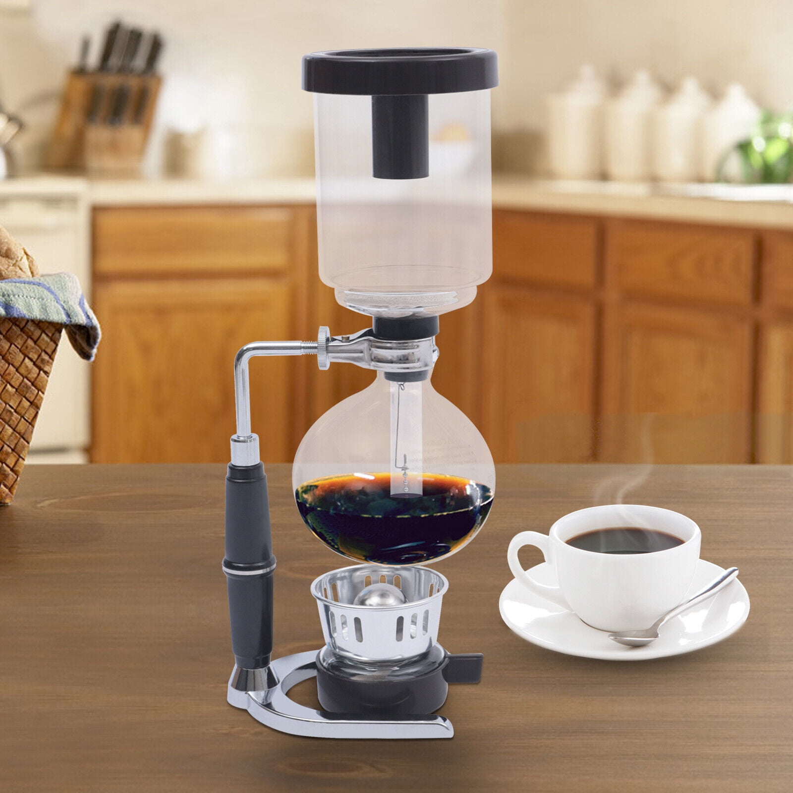 Vintage Siphon Coffee Maker with Alcohol Lamp, Large-Diameter Pot, Anti-Scalding Handle, Stainless Steel Base, Ideal for Home & Café Use