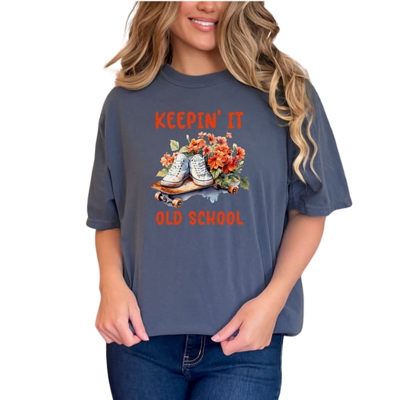 Vintage Skateboard Design, Retro Floral Art Tee, Classic Sneakers Graphic Shirt, Denim Comfort Colors T-Shirt, Small