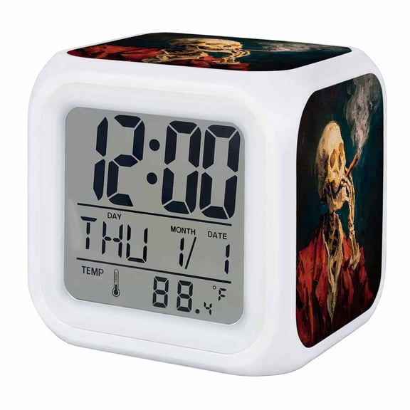 Vintage Skeleton Digital Alarm Clock for Bedrooms,Smart LED Alarm Clock with 7 Color Changing Night Light,Halloween Horror Scary Skull Artwork Silent Wake Up Clocks for Sleep Study Cooking 3.2"x3.2"