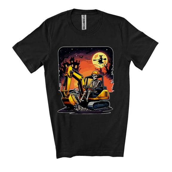 Vintage Skeleton Driving Excavator; Amazing Halloween Costume Moon Driver; Family Group Unisex T-Shirt