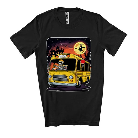 Vintage Skeleton Driving School Bus; Amazing Halloween Costume Moon Driver; Family Group Unisex T-Shirt