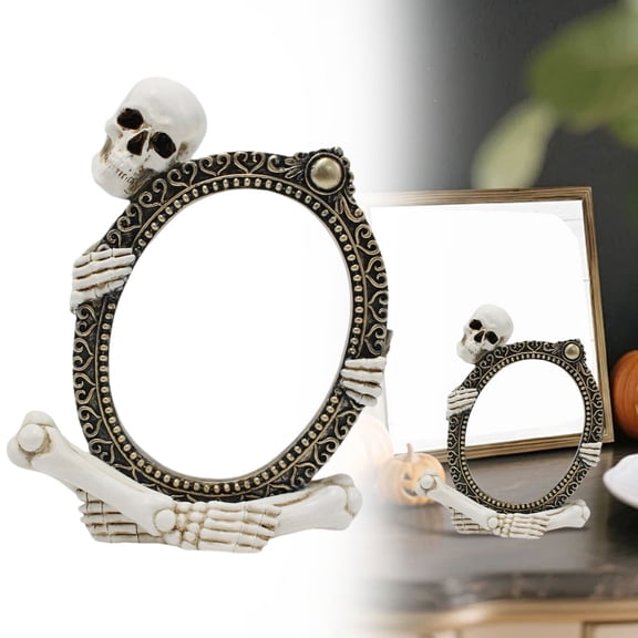 Vintage Skeleton Holding Mirror Frame Statue - Halloween Decoration, Gothic Resin Skull Figurine, 5-7 Inch Photo Display, Shelf Mantel Desk Tabletop Ornament for Home Decor