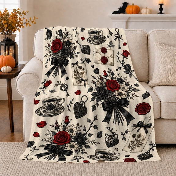 Vintage Skeleton Keys Roses Dark Academia Pattern, Festive Halloween Scene, Warm Flannel Blanket for Living Room and Reading Nook, Art Lovers Halloween Gift, Festive Home Decor