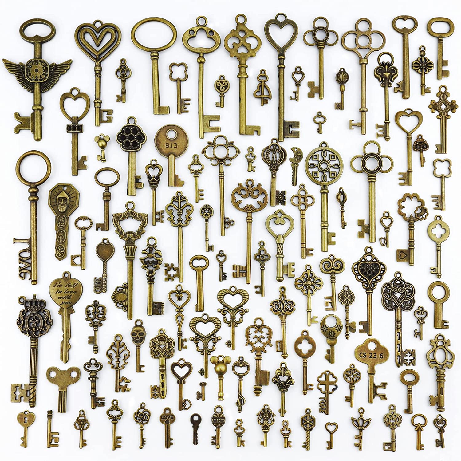 Vintage Skeleton Keys, Wholesale Bulk Lots Mixed Set of 100 Antique Bronze Brass Skeleton Castle Dungeon Pirate Keys, 10.5oz/300g 100 PCS KEYS