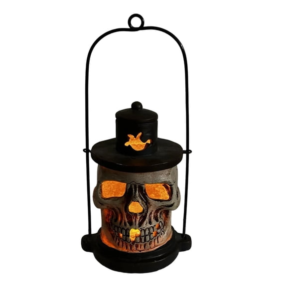 Vintage Skeleton LED Lantern Halloween Decor, Resin Skull Glow Lamp with Black Metal Hanging Frame, Spooky Gothic Tabletop Light for Indoor Covered Outdoor, Horror Lover Holiday Gift