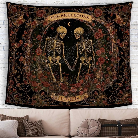 Vintage Skeleton Lovers Rose Valentines Wall Tapestry Hanging for Bedroom, Gothic Skull Floral Banner Tapestries, Black Goth Wall Art Decor for Living Room Anniversary Wedding Couple 50x60in