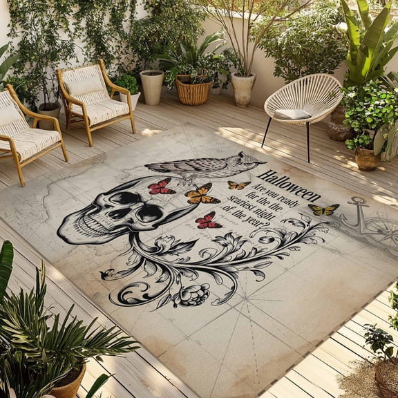 Vintage Skeleton Outdoor Rug 5x7 Ft - Reversible Patio Rug Outdoor Camping Rugs, Owls Butterfly Retro Art Washable Indoor Outdoor Area Rugs, Non-Slip Outdoor Carpet Runner for Deck/Porch
