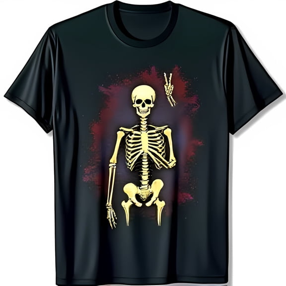 Vintage Skeleton Peace Sign Black T-Shirt with Gold Graphic on Reddish Background