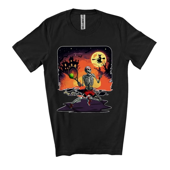Vintage Skeleton Playing Tennis; Amazing Halloween Costume Moon Sport Player; Family Unisex T-Shirt