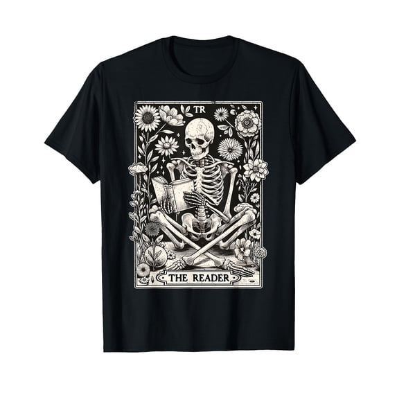 Vintage Skeleton Reading Book T-Shirt for Book Lovers with Floral Design